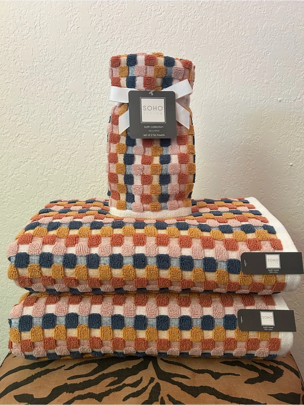 NEW SOHO Living Multicolor Checkered 100% Cotton 4-Piece Bath Towel Set